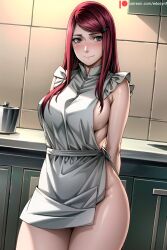 ai_generated apron arms_behind_back bangs bare_shoulders blue_eyes blush breasts closed_mouth cowboy_shot edosynf female frilled_apron frills grey_eyes hair_ornament hairclip highres indoors kitchen large_breasts long_hair looking_at_viewer milf naked_apron naruto naruto_(series) naruto_shippuuden nose_blush red_hair sideboob smile solo standing swept_bangs thighs tile_wall tiles uzumaki_kushina watermark white_apron