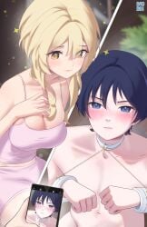 1boy 1girls baobei_beh big_breasts blonde_female blonde_hair blue_hair blush bondage cleavage collar femboy_on_female femdom genshin_impact handcuffs lumine_(genshin_impact) phone phone_screen photo recording scaramouche_(genshin_impact) straight tied_up