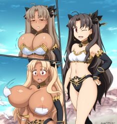 1girls abridged-satoko alternate_breast_size alternate_skin_color bimbo bimbofication breast_expansion dark-skinned_female ereshkigal_(fate) ereshkigal_alter_(fate) fate_(series) gyaru huge_breasts ishtar_(fate) wardrobe_malfunction