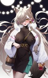 1girls 2024 animal_ear_fluff animal_ears arknights blush braid brown_hair ett female hair_over_one_eye hi_res kemonomimi light-skinned_female light_skin long_hair looking_at_viewer nipples nipples_visible_through_clothing no_bra penance_(arknights) penance_(occasionally_flushed)_(arknights) solo standing wolf_ears wolf_girl wolf_tail yellow_eyes