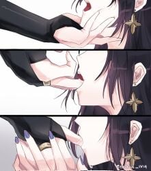 drooling fingers_in_mouth genshin_impact hand_in_mouth hand_on_face holding_face mona_(genshin_impact) necktie_iv14 open_mouth open_mouth scaramouche_(genshin_impact) straight