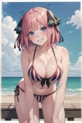 ai_generated beach belly_button big_breasts bikini blue_eyes blush blush_lines bob_cut go-toubun_no_hanayome hair_ornament leaning_forward looking_at_viewer nakano_nino pink_hair seashell setsuaiart setsumanga short_hair slim_waist smile smiling smiling_at_viewer striped_bikini teenager wide_hips