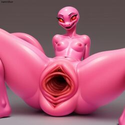 1girls ai_generated breasts cloaca darkeffect female_only gape gaping gaping_cloaca grey_background nude nude_female reptile reptile_humanoid sitting small_breasts small_waist snake snake_girl solo solo_focus unknown_species