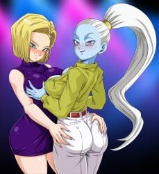 2girls android_18 angel_(dragon_ball) big_ass big_breasts blue_skin blush dragon_ball dragon_ball_super dragon_ball_z dress female female_only grabbing_ass grabbing_breasts multiple_girls ponytail sano-br vados yuri