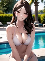 1girls ai_generated ai_mirror arms_in_front belly_button bikini blush brown_eyes brown_hair bushes earrings long_hair looking_at_viewer necklace palm_tree pool pool_chair poolside sitting small_breasts smile trees wet wet_breasts white_bikini white_skin