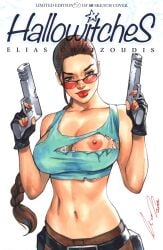 1girls abs areolae bare_shoulders belt bimbo braid braided_hair breasts brown_eyes cleavage comic_cover dick_sucking_lips dual_wielding elias_chatzoudis eyewear female female_focus female_only firearm gun handgun handwear human lara_croft lara_croft_(classic) lips lipstick long_hair looking_over_eyewear looking_over_glasses looking_over_sunglasses nail_polish navel nipples pistol red-tinted_eyewear ripped_clothing simple_background sole_female solo solo_focus sunglasses tagme tank_top tied_hair tinted_eyewear tomb_raider torn_clothes weapon white_background