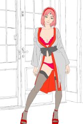 1girls black_socks boruto:_naruto_next_generations deviantart deviantart_username digital_art digital_drawing_(artwork) drawing_scl female female_only green_eyes heels human ibispaintx lingerie naruto naruto_(series) one_girl pink_hair posing red_lingerie sakura_haruno samuelscl socks socks_and_heels solo thigh_socks thighhighs