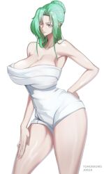 1girls alternate_breast_size armpits bare_arms bare_shoulders bare_thighs big_breasts breasts cleavage elincia_ridell_crimea female female_only fire_emblem fire_emblem:_path_of_radiance fire_emblem:_radiant_dawn green_hair hand_on_own_thigh large_breasts long_hair mature mature_female naked_towel nintendo orange_eyes shoulders smile solo thighs tomorrowsjoker towel white_background