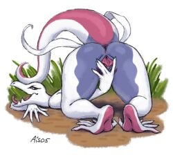 ais05 anthro ass big_butt female genitals hi_res nintendo pokémon_(species) pokemon pokemon_(species) pussy salazzle simple_background solo spread_pussy spreading video_games white_background white_body