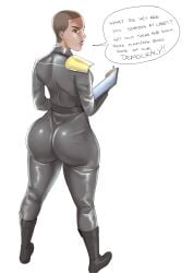 1girls angry ass ass_focus benjicomix benjiii dark-skinned_female dark_skin dat_ass english_text female first_porn_of_character from_behind helldivers helldivers_2 huge_ass military military_uniform shaved_head ship_master_(helldivers) solo