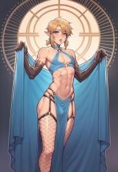 1boy abs ai_generated bulge_through_clothing cerberuspup77926 cute_male eyeshadow femboy feminine_male fishnet_stockings gloves link lipstick makeup male male_only muscular muscular_male otoko_no_ko religious_themes sissy solo the_legend_of_zelda tomgirl wide_hips