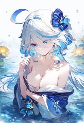 ai_generated belly_button big_breasts blue_eyes blue_hair furina_(genshin_impact) genshin_impact hair_ornament hoyoverse lingerie lingerie_only long_hair looking_at_viewer open_shirt petite petite_body petite_female setsuaiart shirt_down short_hair slim_waist solo solo_female two_tone_hair white_hair