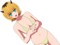 1girls adult aqua_eyes aqua_eyes_female bare_arms bare_chest bare_midriff bare_shoulders bare_skin bare_thighs belly belly_button bikini black_hair black_hair_female blonde_female blonde_hair blonde_hair blonde_hair_female blue_eyes blue_eyes_female blue_horn blue_horns blush breasts breasts cleavage collarbone dot_nose dyed_hair female female_focus female_only fingernails fingers fingers_interlocked green_bikini green_bikini_bottom green_bikini_top green_swimsuit green_swimwear groin hands_on_belly hands_together horns interlocked_fingers light-skinned_female light_skin looking_at_viewer medium_breasts memcho naked naked_female navel nipples_visible_through_clothing nude nude_female open_mouth oshi_no_ko pink_fingernails pink_nails pixiv_id_92145516 shiny_skin short_hair shoulders simple_background slender_body slender_waist slim_girl slim_waist smile smiling smiling_at_viewer solo standing string_bikini swimsuit swimwear thighs thin_waist tongue upper_body white_background