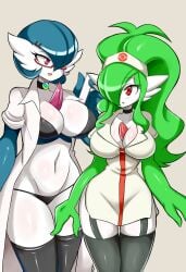 2girls big_breasts black_bra black_legwear black_panties black_thighhighs bra breasts clothing dr._voir female female_gardevoir gardevoir generation_3_pokemon humanoid legs_together long_hair lucyfercomic matching_underwear mega_bracelet multiple_girls open_mouth panties pokémon_(species) pokemon pokemon_(species) shiny_gardevoir shiny_pokemon thick_thighs wide_hips