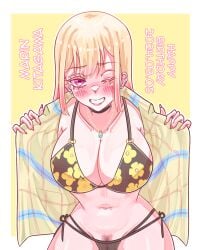 1girls belly_button bikini blonde_hair blush bra breasts choker female female_only female_pubic_hair gyaru human kitagawa_marin midriff misslewd nail_polish necklace one_eye_closed open_shirt panties pubic_hair pubic_hair_peek showing_off smile solo sono_bisque_doll_wa_koi_wo_suru text thighs wink