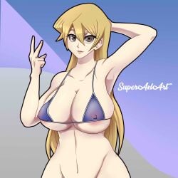 1girls alexis_rhodes arm_behind_head arm_up armpits bikini_top blonde_hair brown_eyes female lips long_hair looking_at_viewer nipple_bulge solo solo_female superaxlart v yu-gi-oh! yu-gi-oh!_gx