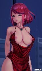 1girls arrancon breasts koikatsu nip_slip nipples pyra red_dress red_hair tongue tongue_out voluptuous wide_hips xenoblade_(series)