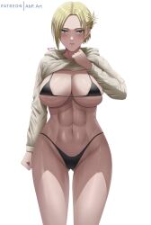 1girls abp_art abs annie_leonhardt aquiline_nose attack_on_titan bikini blonde_hair blush fit_female huge_breasts looking_at_viewer solo sweater sweater_lift voluptuous