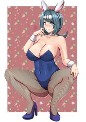 1girls big_breasts blue_bunnysuit blue_eyes blue_hair blue_nail_polish blue_nails blush breasts bunny_ears bunnysuit cleavage fake_animal_ears female female_only footwear game_freak hair headwear heels high_heels huge_breasts lana's_mother_(pokemon) leggings legs lips mature mature_female mature_woman milf mother nail_polish nails pokemon pokemon_sm rinku_bny short_hair solo solo_female squatting thick_thighs thighs