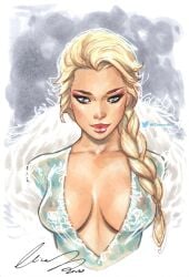 blonde_hair braid cleavage elias_chatzoudis elsa_(frozen) lips looking_at_viewer medium_breasts no_bra portrait see-through solo