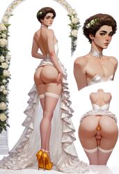 ai_generated anal_plug ass ass big_ass big_butt boy_wife bride bride_gown brown_hair bubble_ass bubble_butt buttplug choker dress hair_ornament hazel_eyes heels lace-trimmed_thighhighs lace_trim looking_at_viewer penis plug_(sex_toy) plump_ass presenting round_ass round_butt stockings tallcallipygian tcallipygian thick_thighs thigh_highs thighhighs thighs wedding_dress white_dress