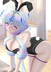 1girls alternate_costume arm_support ass bare_thighs bent_over big_ass blue_hair breasts bunny_ears bunny_girl bunnysuit cleavage female female_only fire_emblem fire_emblem_heroes frown indoors large_breasts leotard light_blue_hair matoimangekyo multicolored_hair nintendo pink_eyes pink_hair seidr_(fire_emblem) short_hair solo thighs