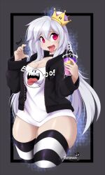 1girls boosette cleavage crown drink female female_only mario_(series) new_super_mario_bros._u_deluxe red_eyes solo standing striped_legwear super_crown t-shirt teranen thick_thighs tongue tongue_out watermark white_hair wide_hips