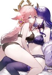 2girls ai_generated ass big_breasts blush bra breasts female female_only fox_ears fox_girl fox_tail furry_ears garter_belt garter_straps genshin_impact hoyoverse large_breasts leaning_forward legs_around_partner lingerie lingerie_only looking_at_viewer looking_back on_top panties purple_bra purple_eyes purple_hair purple_panties raiden_shogun setsuaiart sitting_on_lap slim_waist spread_legs thighhighs underwear underwear_only wholesome wide_hips yae_miko yuri