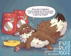 big_tail dialogue dog_food eevee feral fluffy food furufoo genitals half-erect kibble lying nintendo overweight penis pet_food pokémon_(species) pokemon pokemon_(species) slightly_chubby solo tail weight_gain