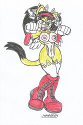 1girls 2024 big_breasts big_hips black_hair bow_in_hair cat_girl honey_the_cat long_gloves looking_at_viewer marlon64 mobian_(species) naked_boots naked_female naked_gloves naked_stockings nekomimi orange_eyes sega sonic_(series) sonic_the_fighters traditional_drawing_(artwork) white_background wings yellow_body yellow_fur