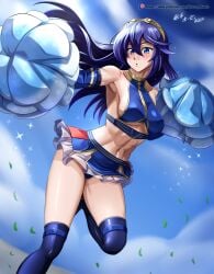 1girls blue_crop_top blue_eyes blue_hair blue_panties blue_skirt breasts cheerleader crop_top detached_sleeves fire_emblem fire_emblem_awakening hocen long_hair looking_at_viewer lucina_(fire_emblem) medium_breasts midriff navel nintendo panties pom_pom_(cheerleading) pom_poms skirt tiara