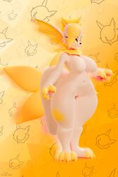 3d big_tail big_thighs breasts geodat64 mei_(geodat64) oc original_character paws pokemon_(species) solo solo_focus thighs vaporeon yellow_background yellow_body yellow_eyes