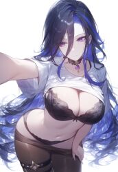 1girls ai_generated arms_up ass_out belly_button big_ass big_breasts big_butt black_hair blue_hair clorinde_(genshin_impact) embarrassed embarrassed_female female female_only genshin_impact hoyoverse leaning_forward long_hair looking_at_viewer navel necklace panties pants_down pants_removed pulling_shirt purple_eyes selfie selfie_pose setsuaiart setsumanga shirt shirt_lift shirt_pull shirt_up short_shirt slim_waist teenager two_tone_hair underwear