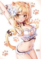 1girls blonde_hair bra breasts cat_bell cat_ears cat_keyhole_bra cat_keyhole_lingerie cat_lingerie cat_tail catgirl cleavage_cutout genshin_impact hair_flower lingerie lumine_(genshin_impact) medium_breasts midriff navel painted_fingernails panties short_hair short_hair_with_long_locks solo_female squchan white_bra white_lingerie white_panties yellow_eyes