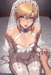 2boys ai_generated blonde_hair blue_eyes bridal_lingerie bridal_veil bride bulge cerberuspup77926 earrings elbow_gloves femboy femboy_bride feminine_male flower gloves holding_hands interlocked_fingers lingerie link lips looking_at_viewer male male/male male_bride male_focus male_only otoko_no_ko pov pov_hands sitting_on_bed the_legend_of_zelda thighhighs trap_bride wedding_lingerie wedding_veil white_gloves