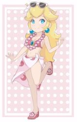 1girls bikini blonde_hair blue_eyes breasts chocomiru earrings flower_necklace hair_flower hibiscus long_hair looking_at_viewer mario_(series) midriff navel nintendo pink_bikini pink_swimsuit princess_peach sandals sarong small_breasts sunglasses sunglasses_on_head super_mario_odyssey swimsuit white_sarong