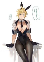 1girls black_leotard blonde_hair blue_eyes breasts bunny_ears cloud_strife cloudette_strife detached_collar fake_animal_ears final_fantasy final_fantasy_vii genderswap_(mtf) gloves large_breasts leotard looking_at_viewer necktie pantyhose playboy_bunny rule_63 short_hair shrug_(clothing) xianyu341