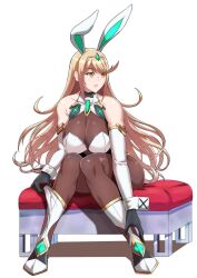 1girls adjusting_clothes blonde_hair bowtie breasts bunny_ears core_crystal fake_animal_ears gloves high_heels large_breasts leotard long_hair mythra nintendo pantyhose playboy_bunny sitting tiara torahime white_leotard wrist_cuffs xenoblade_(series) xenoblade_chronicles_2 yellow_eyes