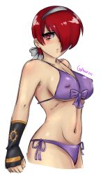 angry_face bikini black_gloves blush doodle genderswap_(mtf) gothniezzz iori_yagami king_of_fighters miss_x nipples purple_bikini purple_underwear red_hair rule_63 simple_shading snk snk_heroines:_tag_team_frenzy visible_nipples visible_pussy