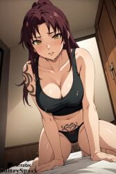 ai_art ai_eyes ai_generated ai_hands black_lagoon blush brown_hair female patreon patreon_username pov revy sultryspark sweat tattoo wet