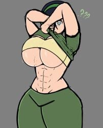 1girls ? abs avatar_legends avatar_the_last_airbender big_breasts big_butt commission commission_art dark_skinned earth_kingdom female la_sandia light-skinned_female light_skin mime muscles muscular muscular_female shirt shirt_lift shirt_up sketch toph_bei_fong