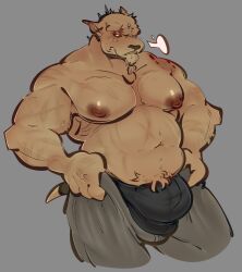 anthro anthropomorphic bara barazoku big_bulge biggie_alert!! bileshroom bite_mark boxers bulge bulge_through_clothing fanart fangus_klot furry furry_male giant_muscles muscular oddworld scars_all_over tight_pants_(meme)