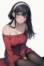 1girls ai_generated arms_between_legs assassin bare_shoulders big_breasts black_hair blush breasts drunk drunk_female female hands_between_legs hips legs_together light-skinned_female light_skin milf pantyhose red_eyes setsuaiart setsumanga slim_waist spy_x_family sweater thick_thighs thighs thorn_princess wide_hips yor_briar yor_forger