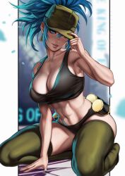 1girls abs big_breasts blue_eyes blue_hair cap cleavage dandon_fuga earrings female_only ikari_warriors king_of_fighters leona_heidern looking_at_viewer military_clothing ponytail snk solo tank_top thighhighs tomboy