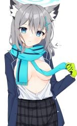 1girls abydos_high_school_student areola_peek blue_archive blue_eyes breasts_out_of_clothes foreclosure_task_force_(blue_archive) noko32 scarf scarf_over_breasts shiroko_(blue_archive)