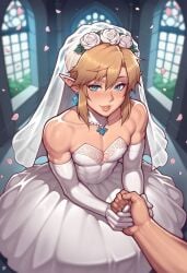 2boys ai_generated bad_anatomy bad_hands blonde_hair blue_eyes bridal_gown bridal_veil bride bulge cerberuspup77926 dress earrings elbow_gloves femboy femboy_bride feminine_male flower gloves holding_hands link lips male male_bride male_focus male_only otoko_no_ko petals pov pov_hands smiling_at_viewer the_legend_of_zelda thighhighs trap_bride wedding_dress wedding_veil white_dress white_gloves