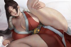 1girls brown_eyes brown_hair cleavage fatal_fury holding_leg huge_breasts king_of_fighters long_hair mai_shiranui presenting snk teemu_taiga thick_thighs voluptuous