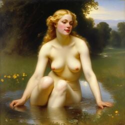 ai_generated bathing belly blonde_hair blue_eyes breasts curly_hair curvy female flower flowers lips long_hair medium_breasts navel nipples nude presenting puddle realistic smile solo william_bouguereau