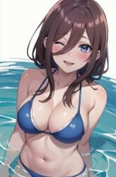 ai_generated belly_button big_breasts bikini blush brown_hair go-toubun_no_hanayome hair_between_eyes leaning_forward long_hair looking_at_viewer nakano_miku one_eye_closed purple_eyes setsuaiart setsumanga slim_waist smiling smiling_at_viewer teenager wide_hips young younger_female