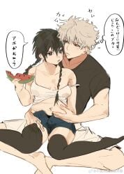 1boy 1girls belly_squish black_hair black_legwear black_thighhighs braided_hair braids canon_genderswap denim_shorts eating female genderswap_(mtf) gintama gintoki_sakata groping groping_from_behind hand_on_another's_stomach hand_under_clothes hijikata_tenko hijikata_toshiro japanese_text long_hair mahoubinping male off_shoulder plump rule_63 short_shorts shorts sitting slightly_chubby slightly_chubby_female tank_top thick_thighs thighhighs twin_braids wariza watermelon zettai_ryouiki